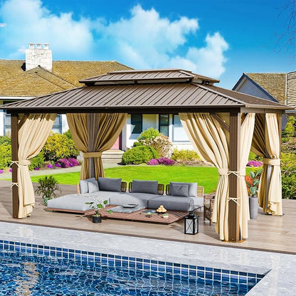 HOTEEL 10x12 Hardtop Gazebo with Heavy Duty Galvanized Steel Double Roof, Aluminum Frame, Flame-Resistant Curtains and Netting, Outdoor Permanent Pavillon for Backyard, Brown (2025 Upgraded)