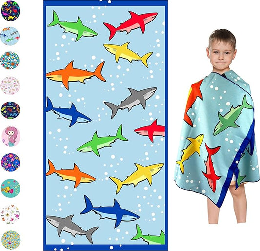 Microfiber Beach Towel for Kids - Thin and Large (30"x60") - Shark - Absorbent, quick dry, sand free, lightweight, blanket - toddler, girls, boys - For Sports, Pool, Picnic, Camping, Travel, Swim