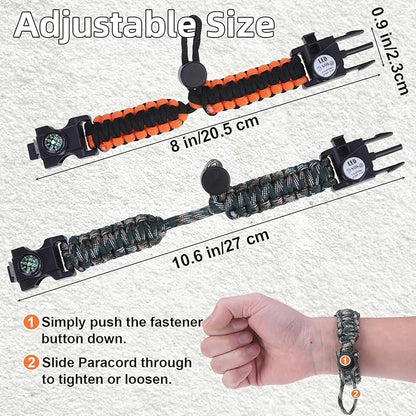 Adjustable Survival Paracord Bracelet, 2 Pack Emergency Fire Starter Kit with Loud Whistle Compass Light Flint Steel for Hiking Fishing Hunting, Tactical Gear Equipment Multitools