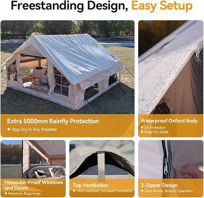 Inflatable Camping Tent with Pump,4-6 Person Waterproof Blow Up Air Tent for Camping Hiking,Easy to Set Up 4-Season Inflatable House Tent with Oversized Canopy.