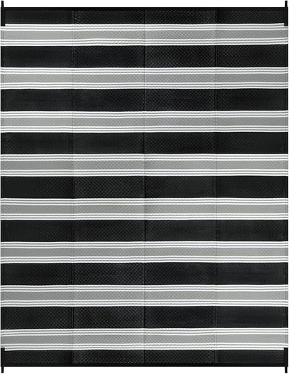 Lahome Striped Outdoor Rug 8x10 Patio Waterproof, Reversible Outdoor Plastic Straw Rug for Camping, RV Patio Rugs Outside Large Carpet for Porch Deck Backyard Picnic(Black/Grey,8'x 10')