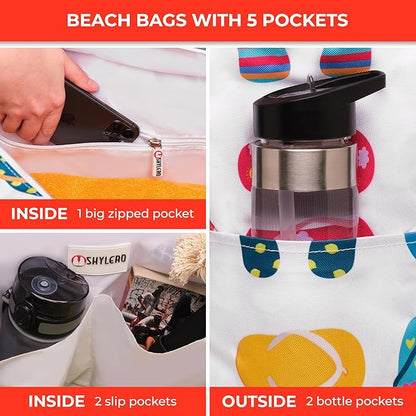 SHYLERO Beach Bag and Pool Bag. Has Airtight Pouch, Ton of Pockets. Beach Tote is Zippered, Water Resistant. Family Size