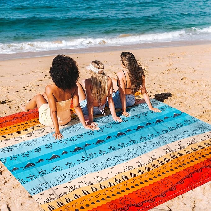 Beach Blanket Waterproof Sandproof, Outdoor Picnic Blankets Sand Free for 4 Adults, Lightweight Quick Drying Beach Mat for Beach Travel, Camping, Hiking, Boho Beach Essentials Accessories