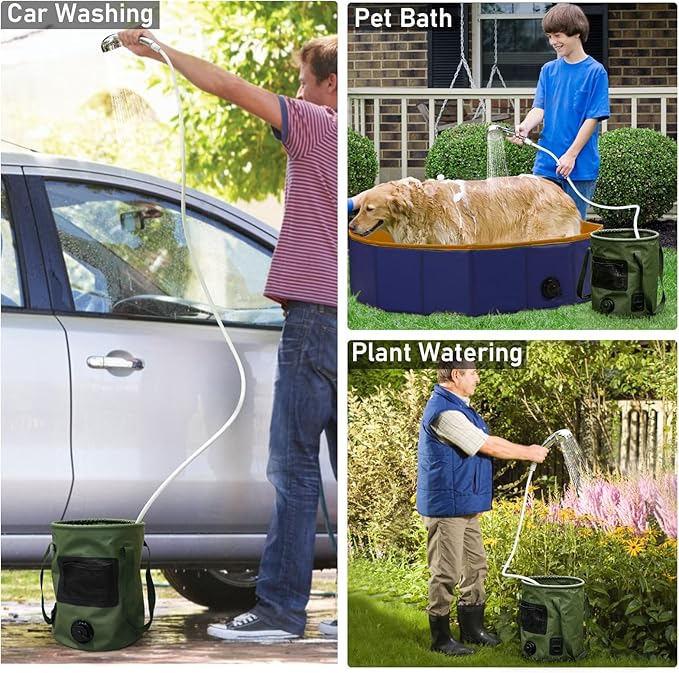 Camping Shower Tent Kit, Pop Up Privacy Shelter with LED Lights, Portable Shower Pump with 6.6 Gallons Collapsible Bucket Camp Bathroom for Adults Outdoor Hiking