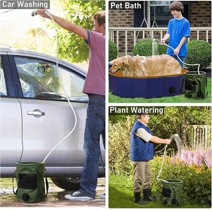 Camping Shower Tent Kit, Pop Up Privacy Shelter with LED Lights, Portable Shower Pump with 6.6 Gallons Collapsible Bucket Camp Bathroom for Adults Outdoor Hiking