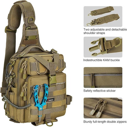 Piscifun Tackle Bag With Rod & Gear Holder - Lightweight Sling Storage Bag, Outdoor Shoulder Pack for Fishing, Hiking, Hunting
