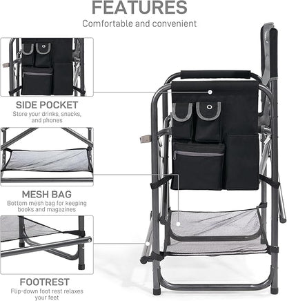 EVER ADVANCED 2 Piece Medium Tall Directors Chair Foldable Makeup Artist Chair Bar Height with Side Table Cup Holder and Pocket Footrest, Supports 400LBS Grey, Seat Height: 23.2 inches