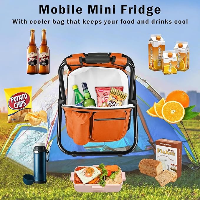 Kikerike Backpack Stool Cooler Chair Heavy Duty 400 LBS Max Load Portable Lightweight Stool Backpack Folding Fishing Cooler Seat for Camping Hunting Fishing - Orange