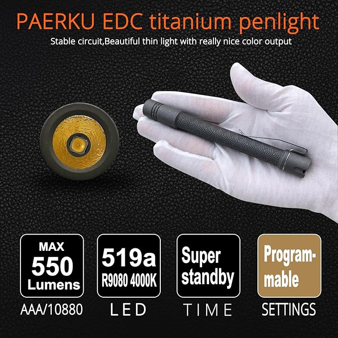 Penlight Pineapple led Flashlight, Nichia 519a R9080 4000K 10880/AAA Small Flashlight by Reylight for Outdoor, Power Outage Lighting, Emergency Lighting (Titanium)