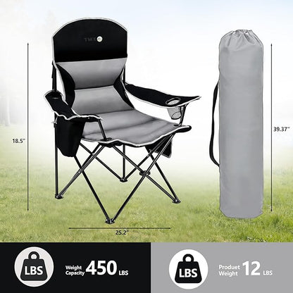 XMT Extra Wide Armrests Portable Folding Chair with Cup Holder Cooler Bag Heavy Duty 600D Oxford Fabric Supports 450lbs Compact Foldable Camping Chair for Outdoor Beach Picnic Sports