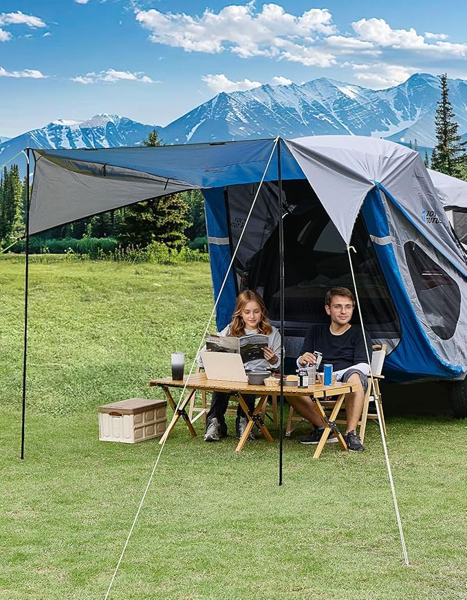 JOYTUTUS SUV Tailgate Tent with Three Sides Awning and Poles, Water Resistant SUV Camping Tent with Car Roof Cover, Outdoor Travel Preferred, Universal Fit Most SUV, Car, Blue