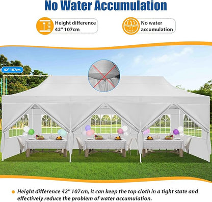 HOTEEL 10x30 Pop up Canopy Tent for Parties, Heavy Duty Easy Setup Tent with 8 Sidewalls, Outdoor Commercial Instant Gazebo for Wedding Event, with Portable Bag & Sand Bags, White(Hexagonal Frame)
