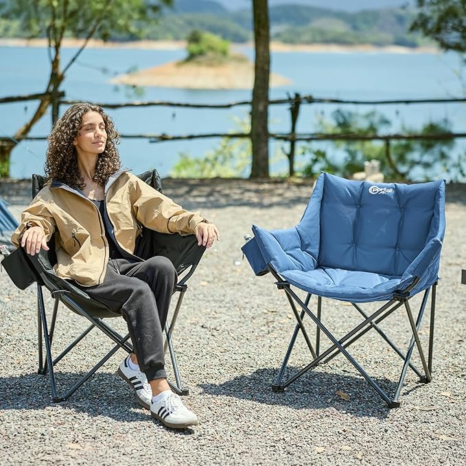 Portal Oversized Padded Camping Chair - Heavy Duty Folding Chair with Cup Holder & Side Pocket, Supports 330 lbs, for Camping, Lawn, Sports, Blue