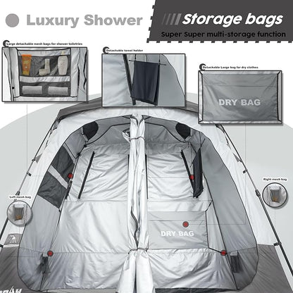Camping Shower Tent Deluxe Changing Room Easy Set Up Privacy Shelter,Large Toilet Tent 2 Rooms with Floor Drain Design for Beach, Camping,Hiking with Stakes and Ropes for Stability