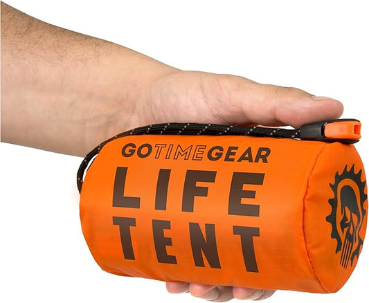 Go Time Gear Survival Life Tent • 2 Person Mylar Emergency Shelter Tube Tent + Paracord • All-Weather Protection for Camping, Hiking, & Survival Kits • Includes Emergency Whistle
