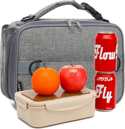 FlowFly Kids Lunch Bag, Durable Insulated School Lunch Box with Shoulder Strap and Bottle Holder, Water-resistant Thermal Small Lunch Cooler Tote for Teen Boys & Girls,Grey