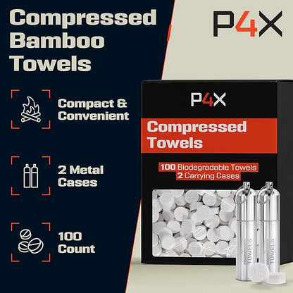 Compressed Towel Tablets - 100% Bamboo Camping Toilet Paper Tablets, Great for Hiking, Travel and Backpacking - Disposable Washcloths, Body Wipes, Paper Towel Coin Tissue - 100/250/500 Pack with Metal Waterproof Cases