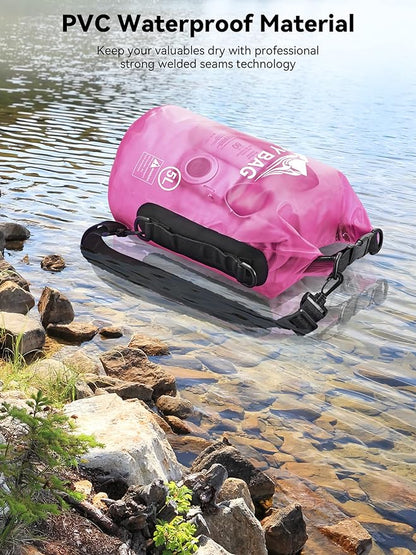 HEETA Waterproof Dry Bag with Phone Case Bundled with Upgraded Dry Bag with Zippered Pocket for Women & Men, Roll Top Lightweight Dry Storage Bag Backpack for Kayaking, Boating, Camping (Pink 5L)