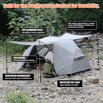 2 Person Camping Tent – Waterproof Easy Setup, Spacious Freestanding Double Door Shelter with Aluminum Poles for Camping & Festivals (Weight: 6.4 lbs)