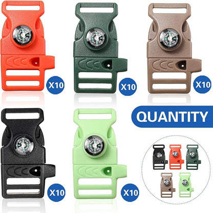 Jexine 50 Pcs Compass Buckle Clips Plastic Paracord Buckles Bracelets Accessories for Camping Travel Emergency Survival