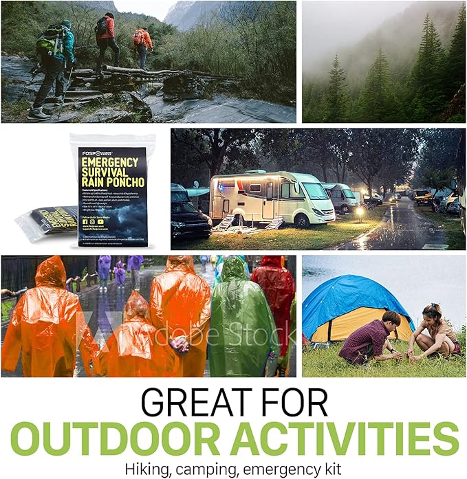 FosPower Emergency Rain Poncho [4 Pack] [Retains 90% Body Heat] Reusable Weather Resistant Raincoat for Men, Women, Adults, Camping, Hiking, Emergency Supplies & Survival Kits (Green + Orange)