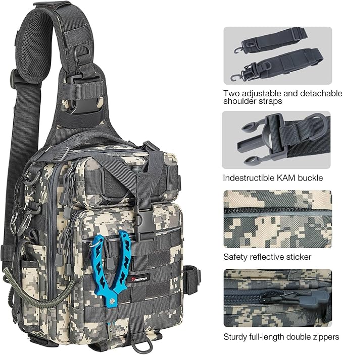 Piscifun Tackle Bag With Rod & Gear Holder - Lightweight Sling Storage Bag, Outdoor Shoulder Pack for Fishing, Hiking, Hunting