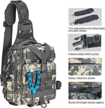 Piscifun Tackle Bag With Rod & Gear Holder - Lightweight Sling Storage Bag, Outdoor Shoulder Pack for Fishing, Hiking, Hunting