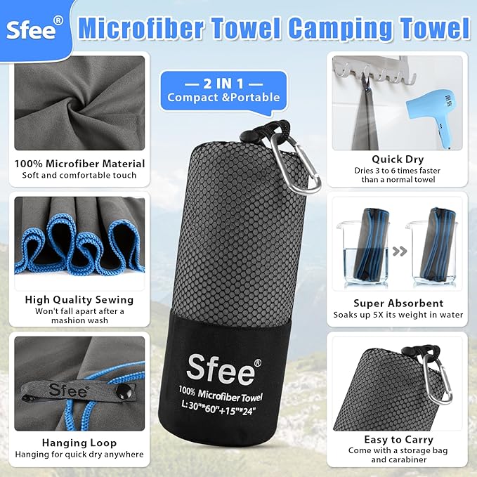Sfee 2 Pack Microfiber Travel Towel, Quick Dry Towel Camping Towel Large Beach Towel Super Absorbent Compact Size