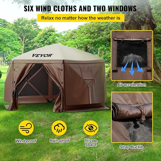 VEVOR 12x12ft Pop Up Gazebo Tent with Privacy Panels, Mosquito Netting & Removable Wind Cloths, 6-Sided Outdoor Canopy for Patio