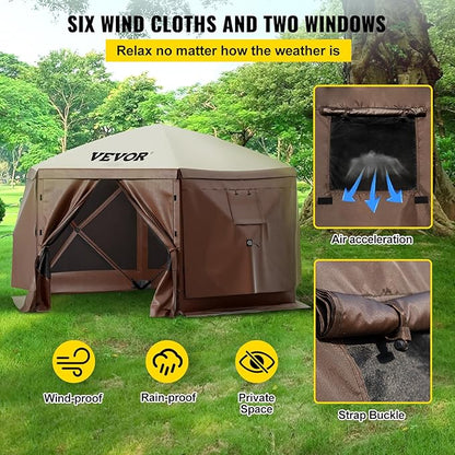 VEVOR 12x12ft Pop Up Gazebo Tent with Privacy Panels, Mosquito Netting & Removable Wind Cloths, 6-Sided Outdoor Canopy for Patio