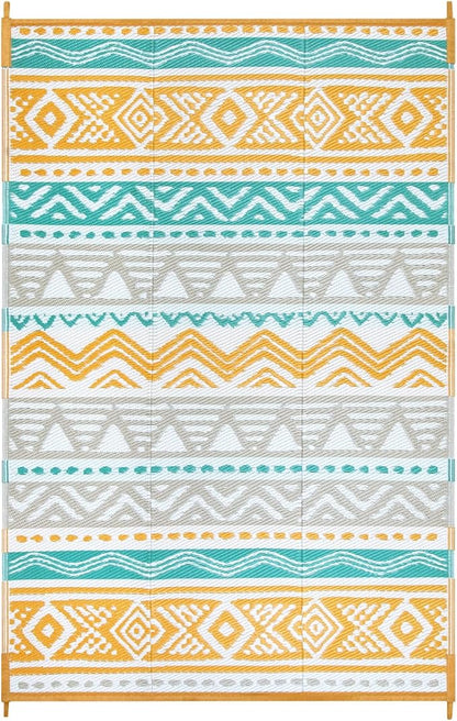 Lahome Waterproof Outdoor Rug 6x9, Reversible Outdoor Plastic Straw Rug for Camping, Large RV Outdoor Patio Rug, Outdoor Rugs Carpet for Porch Deck Backyard Balcony Picnic(Blue/Yellow,6'x 9')