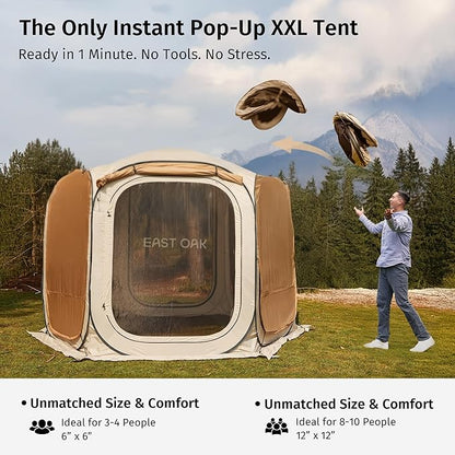 EAST OAK 12×12 FT Pop Up Canopy Tent with Mesh | Outdoor Screen House with 6 Sunshades | Instant Canopy with Portable Carry Bag | Gazebo Tent for Camping, Patio, and Beach | Beige