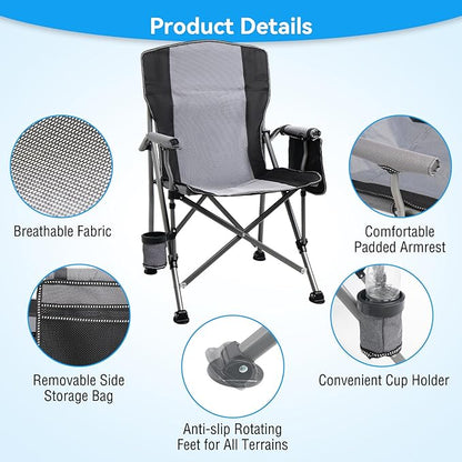 Camping Chair for Adults Heavy Duty Outdoor Patio Lawn Chairs Portable Support 350 LBS High Back Padded Oxford with Armrests, Storage Bag, Cup Holder, for Outside Fishing, Camping, Foldable