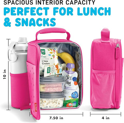 Fit & Fresh Charm Lunch Bag For Kids, Thermal Insulated Lunch Box For Kids Boys & Girls With Shoe Charm Slots For Personalization, School Lunch Box, Pink