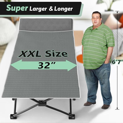 Slendor Oversized XXL Camping Cot, Folding Cot for Adults, 79" L x 32" W x 19" H Sleeping Cot with Mattress, Carry Bag, Camp Cot Bed for Travel, Guest, Support 500lbs, Stripe Grey Cot+ Grey Pad