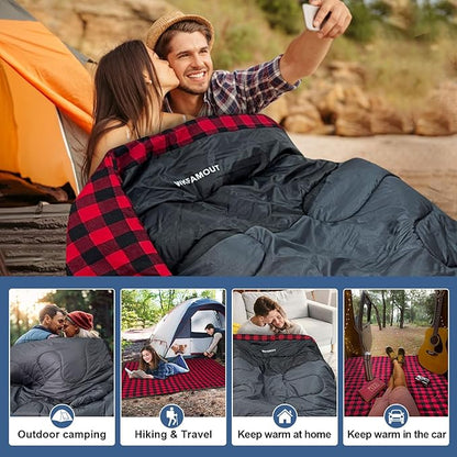 Double Sleeping Bag for Adults Machine Washable 2 Person Camping Sleeping Bag Queen Size Waterproof with Compression Sack for Cold Weather 3-4 Seasons