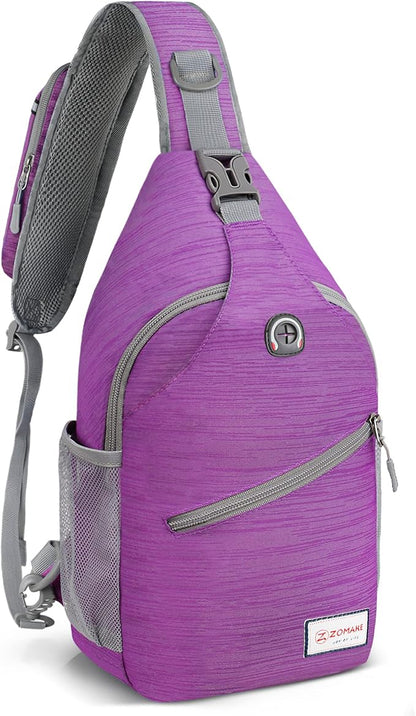 ZOMAKE Sling Bag for Women Men, Small Crossbody Sling Backpack, Mini Water Resistant Shoulder Daypack for Travel, Anti Thief Chest Bag for Hiking, Sports, Purple(Stripe)