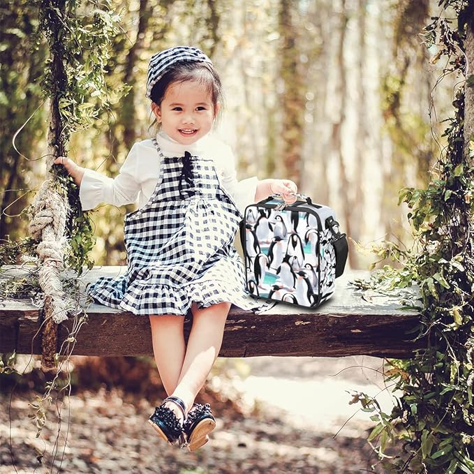 cfpolar Kids Penguin Lunch Bag, Reusable Insulated Lunch Box with Shoulder Strap, Thermal Cooler Lunch Tote, Leakproof, Multicolor, Animal Pattern