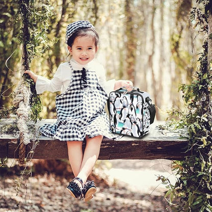 cfpolar Kids Penguin Lunch Bag, Reusable Insulated Lunch Box with Shoulder Strap, Thermal Cooler Lunch Tote, Leakproof, Multicolor, Animal Pattern