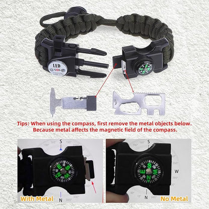 Adjustable Survival Paracord Bracelet, 2 Pack Emergency Fire Starter Kit with Loud Whistle Compass Light Flint Steel for Hiking Fishing Hunting, Tactical Gear Equipment Multitools