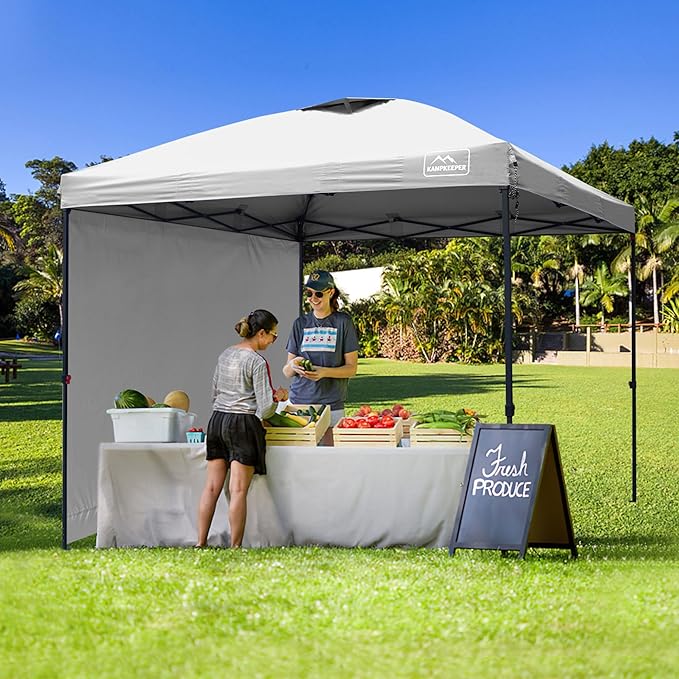 KAMPKEEPER 10x10 Pop Up Canopy Tent with 2 Sidewalls - Waterproof Outdoor Shelter for Sun Shade, Camping, Beach, Patio and Backyard Events, White