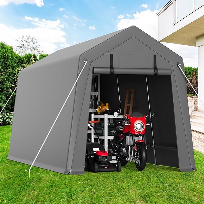 Garvee 7 ft x12 ft Outdoor Portable Storage Shed, Waterproof & UV-Resistant Garage Shelter with 2 Roll-Up Zipper Doors, Anti-Snow Carport Tent for Motorcycle, Bike, and Outdoor Equipment, Gray