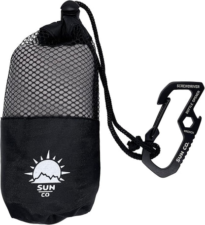 Sun Company QuickClip Camp Towel - Ultra-Absorbent Microfiber Towel with Carabiner Multi-Tool | Includes Screwdriver, Hex Wrench, and Bottle Opener | for Camping, Hiking, Travel, or Running