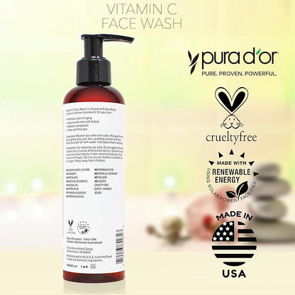 PURA D'OR 8 Oz Vitamin C Face Wash - Antioxidant Rich Facial Cleanser For Radiant Glow & Even Skin Tone - Gentle, Refreshing, Nurturing, Hydrating - Sulfate & Paraben Free - All Skin Types
