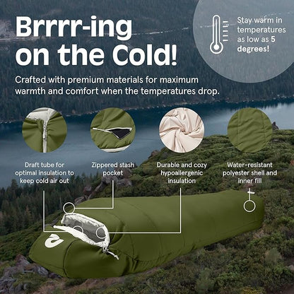 Retrospec Dream Mummy Sleeping Bag - 30°F Camping & Travel Essential Gear with Water - Resistant Shell & Synthetic Fill - Zippered Pocket & Stuff Sack