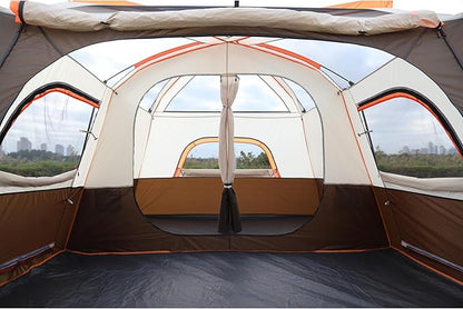 KTT Large Family Cabin Tent 10-12 Person,14.1X10X6.58ft,2 Rooms,3 Storage Pockets,2 Bay-Windows 3 Doors and 3 Windows with Mesh,Straight Wall,Waterproof,Double Layer,Big Tent for Outdoor,Camping