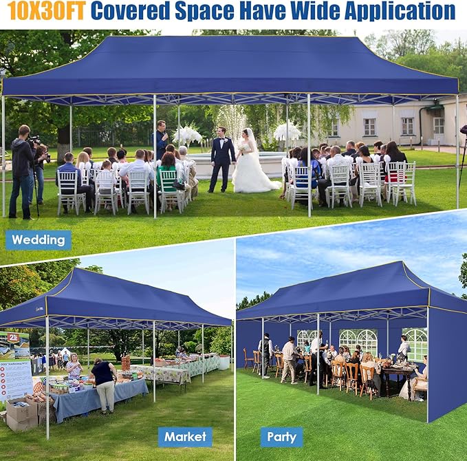 HOTEEL 10x30 Pop up Canopy Tent for Parties, Heavy Duty Easy Setup Tent with 5 Sidewalls, Outdoor Commercial Instant Gazebo for Wedding Event, with Roller Bag & Sand Bags, Dark Blue(Hexagonal Frame)