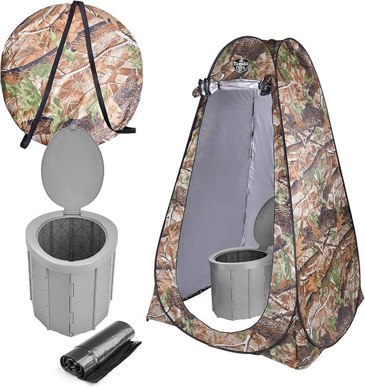 Portable Toilet for Camping with Lid + Pop-Up Privacy Tent, Adults + Kids, Folding Waterproof Porta Potty for Travel, Car, Hiking, Boat, Beach, Tent, Outdoor Trips + 12 Waste Bags