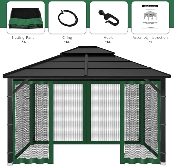 Gazebo Replacement Mosquito Netting Outdoor Universal Gazebo Canopy 4-Panels Screen Sidewalls with Zipper for Patio Garden (Green, 10x10)