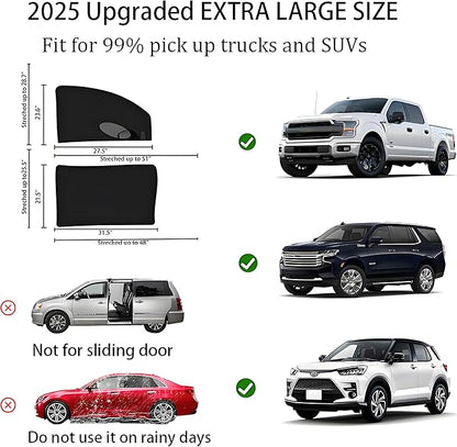 [2025] XL Truck Car Window Screens Shades for Large SUV Pickup 4 Pcs Car Bug Mosquito Net Camping Protector Elastic Mesh Netting Front Rear Side Window Kids Babies(Extra Large)